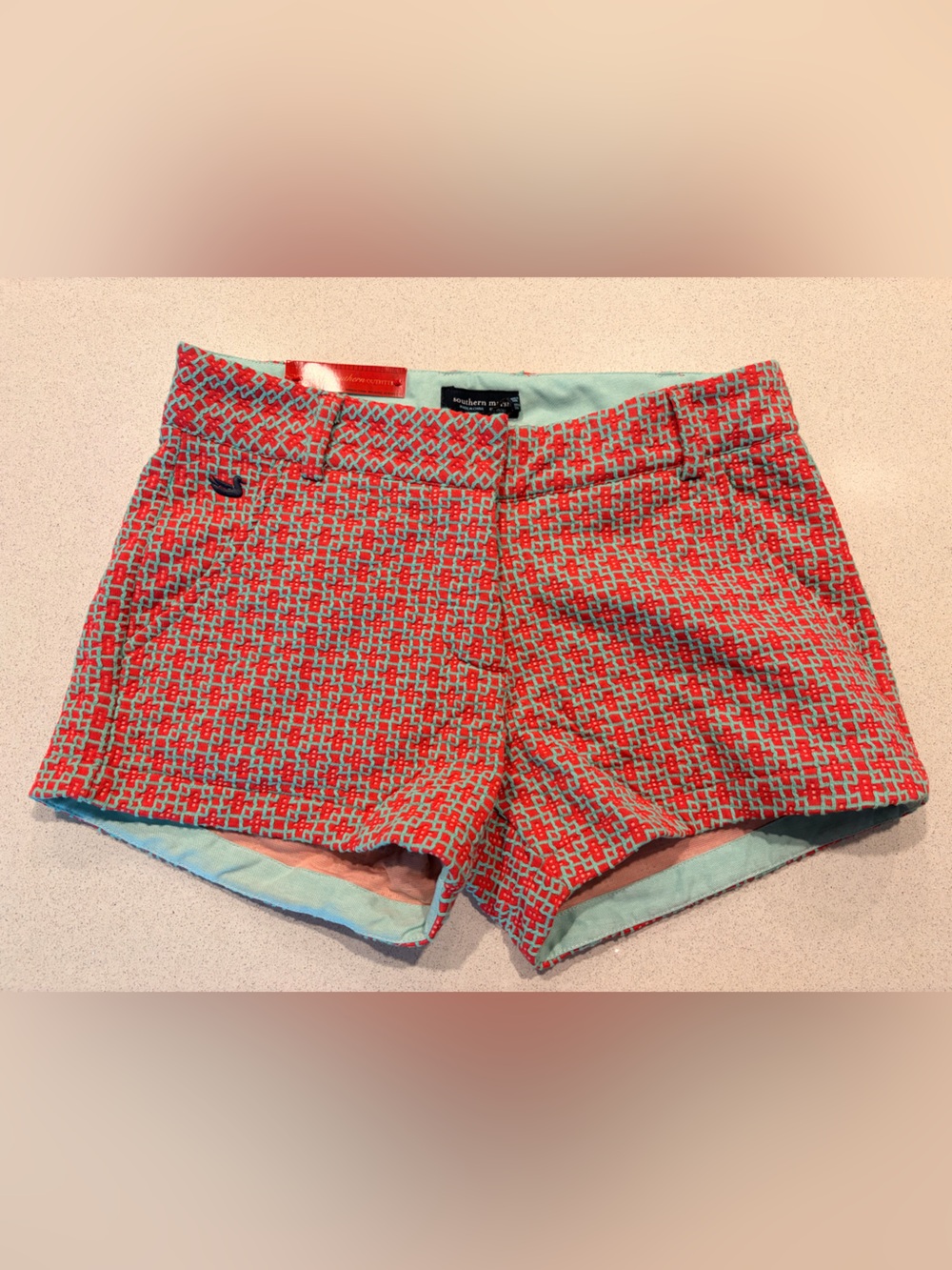 Southern Marsh Coral & Aqua Geometric High-Waist Shorts